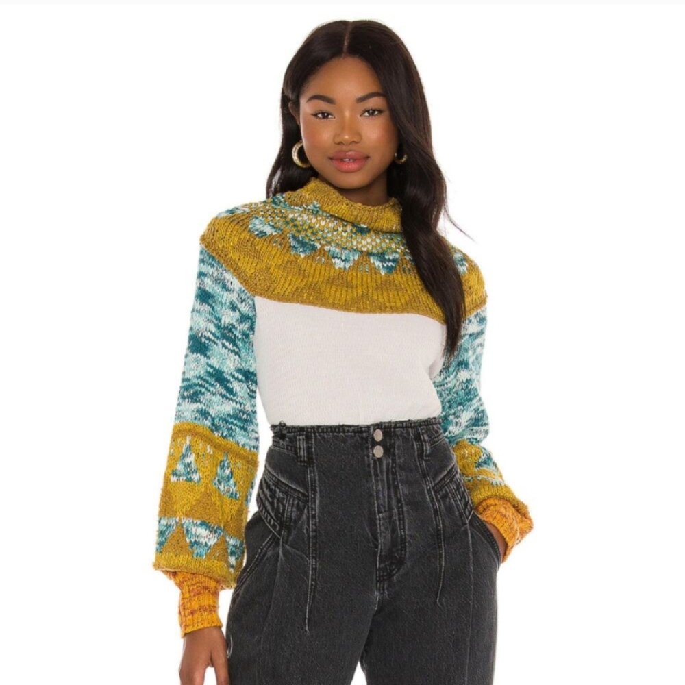 Free People Swit The Small Stuff Chunky Sweater Blue Green XS
